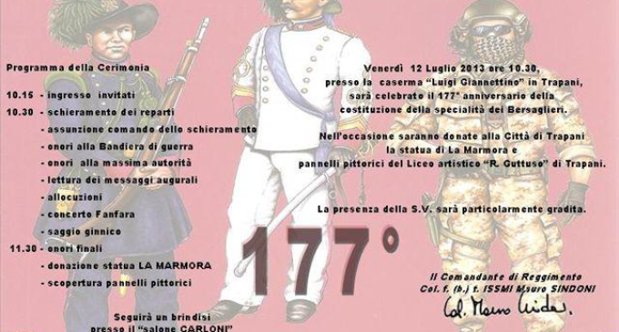 Trapani: venerdì 12 luglio avrà luogo la cerimonia del 177esimo anniversario della costituzione del Corpo dei Bersaglieri